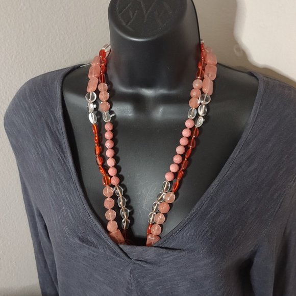 Pink And Red Necklace With Stone And Glass Beads 26.5 Inches Long - Picture 1 of 10